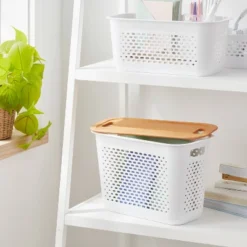 Narrow Bamboo Lid With Cutout Handles - Brightroom™: Decorative Storage Bin, Brown, No Assembly, 12.2" Height